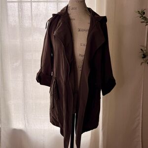 Women's Brown Hooded Trench Coat Jacket - Classic Lightweight Outerwear